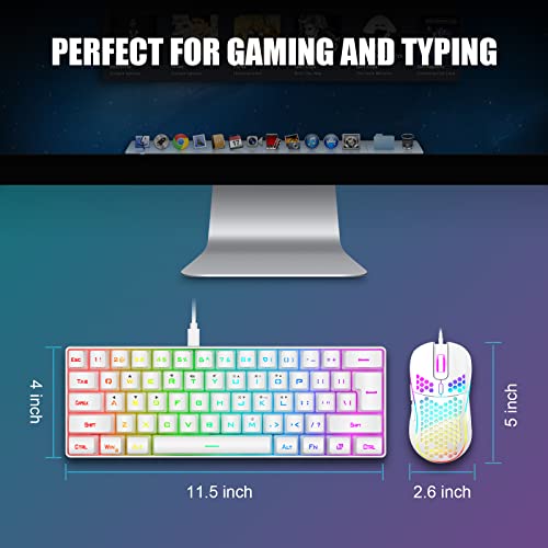 RedThunder 60% Mini Gaming Keyboard and Mouse Combo, Lightweight, Ultra-Compact 61 Keys RGB Backlit,7200 DPI Honeycomb Optical Mouse, Wired Gaming Set for PC MAC PS5 Xbox Gamer(White)