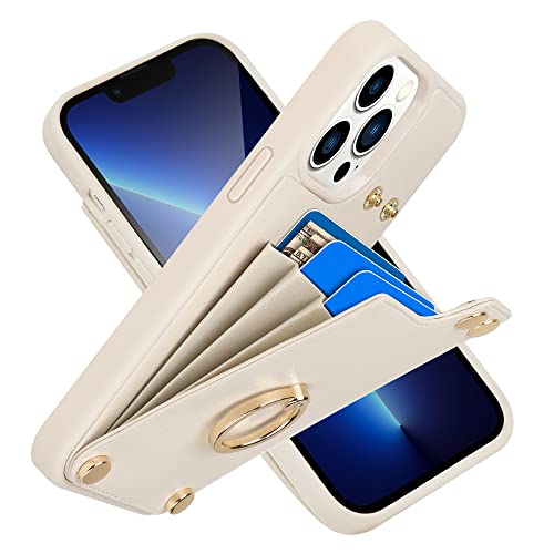 LAMEEKU for iPhone 13 Pro Max Wallet Case with Card Holder, 360°Rotation Ring Stand, Leather Kickstand Card Slots Case,RFID Blocking Shockproof Cover for Women and Men for Apple 13 Pro Max 6.7'' Beige