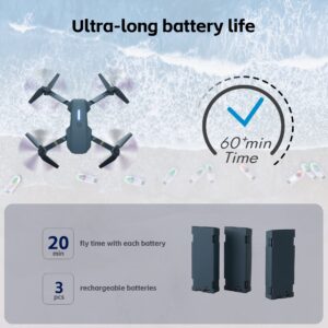 Super Endurance Foldable Drone with Camera for Beginners– 60+ min Flight Time, WiFi FPV Quadcopter with 120°Wide-Angle 1080P HD Camera, Optical Flow Positioning, Follow Me, Dual Cameras(3 Batteries)