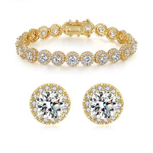 18k gold plated tennis bracelet and round cubic zirconia stud earrings sets for women men hypoallergenic halo jewelry