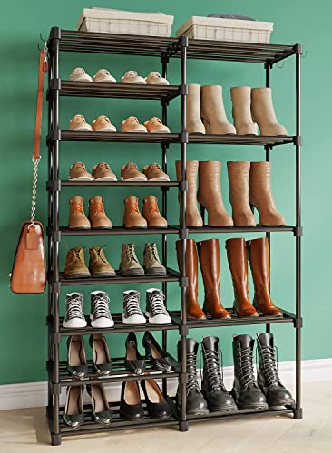 TABIGER 9 Tier Shoe Rack for Entryway 32-35 Pairs, DIY Stackable Metal Shoe Rack for Closet, Sturdy Shoe Organizer for Entryway, Shoe Shelf Closet Shelf Organizer with 4 Hooks, 55.6"x34.6"x12.2"