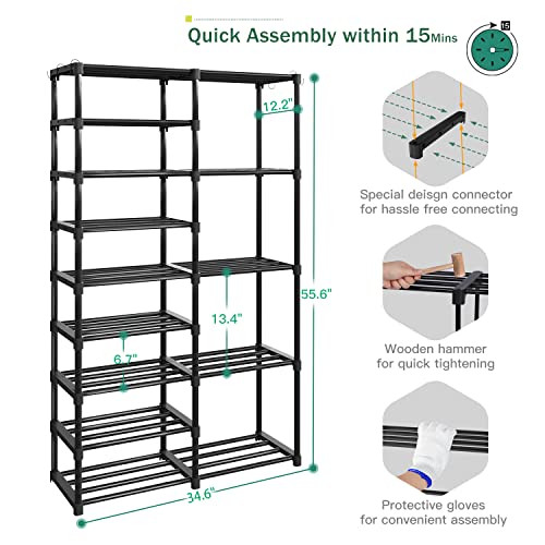 TABIGER 9 Tier Shoe Rack for Entryway 32-35 Pairs, DIY Stackable Metal Shoe Rack for Closet, Sturdy Shoe Organizer for Entryway, Shoe Shelf Closet Shelf Organizer with 4 Hooks, 55.6"x34.6"x12.2"