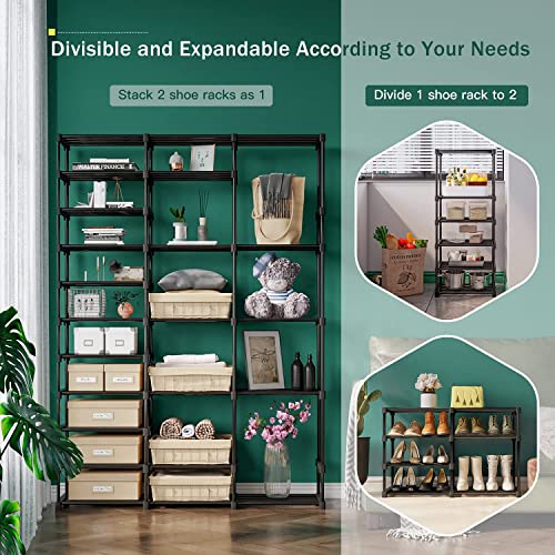 TABIGER 9 Tier Shoe Rack for Entryway 32-35 Pairs, DIY Stackable Metal Shoe Rack for Closet, Sturdy Shoe Organizer for Entryway, Shoe Shelf Closet Shelf Organizer with 4 Hooks, 55.6"x34.6"x12.2"