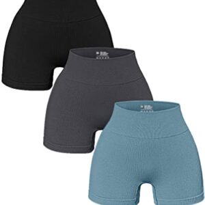 OQQ Women's 3 Piece Yoga Ribbed Seamless Workout High Waist Athletic Legging Shorts, Black/Grey/Blue, Small