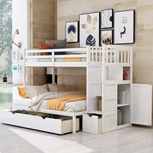 stp-y twin over full/twin stairway bunk bed with storage shelves and drawers wood convertible bottom bed bedroom furniture for adults, no spring box needed,white (color : white)