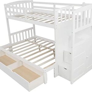 STP-Y Twin Over Full/Twin Stairway Bunk Bed with Storage Shelves and Drawers Wood Convertible Bottom Bed Bedroom Furniture for Adults, No Spring Box Needed,White (Color : White)