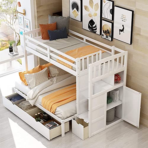 STP-Y Twin Over Full/Twin Stairway Bunk Bed with Storage Shelves and Drawers Wood Convertible Bottom Bed Bedroom Furniture for Adults, No Spring Box Needed,White (Color : White)