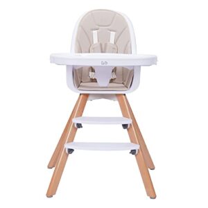 baby high chair with double removable tray for baby/infants/toddlers, 3-in-1 wooden high chair/booster/chair | adjustable legs | easy to assemble, cream