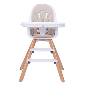 Baby High Chair with Double Removable Tray for Baby/Infants/Toddlers, 3-in-1 Wooden High Chair/Booster/Chair | Adjustable Legs | Easy to Assemble, Cream