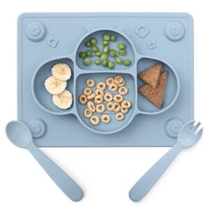 [upgraded] rocced suction plates for baby placemat spoon fork set for toddlers, silicone baby plates with suction baby dishes for kids plates-dusty blue