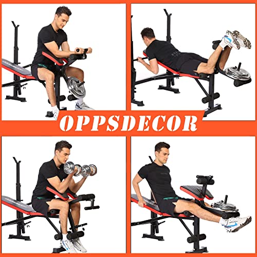 OppsDecor 600lbs Adjustable Weight Bench Workout Bench 5 in 1 Olympic Weight Bench Multi-Function Leg Developer Preacher Curl and Barbell Rack Incline Backrest for Indoor Home Gym Fitness Exercise Equipment