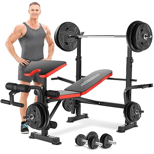 OppsDecor 600lbs Adjustable Weight Bench Workout Bench 5 in 1 Olympic Weight Bench Multi-Function Leg Developer Preacher Curl and Barbell Rack Incline Backrest for Indoor Home Gym Fitness Exercise Equipment