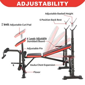 OppsDecor 600lbs Adjustable Weight Bench Workout Bench 5 in 1 Olympic Weight Bench Multi-Function Leg Developer Preacher Curl and Barbell Rack Incline Backrest for Indoor Home Gym Fitness Exercise Equipment