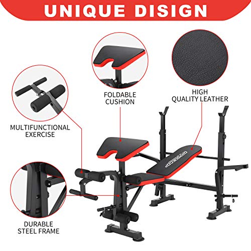 OppsDecor 600lbs Adjustable Weight Bench Workout Bench 5 in 1 Olympic Weight Bench Multi-Function Leg Developer Preacher Curl and Barbell Rack Incline Backrest for Indoor Home Gym Fitness Exercise Equipment