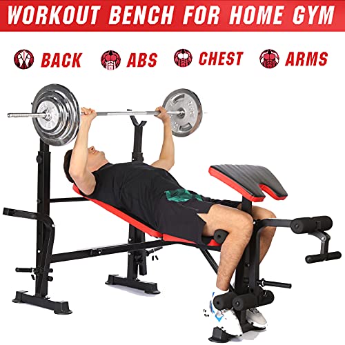 OppsDecor 600lbs Adjustable Weight Bench Workout Bench 5 in 1 Olympic Weight Bench Multi-Function Leg Developer Preacher Curl and Barbell Rack Incline Backrest for Indoor Home Gym Fitness Exercise Equipment