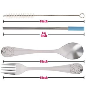 15 Pieces Toddler Kids Utensils Kids Silverware Set Stainless Steel, Safe Baby Utensils 3 Toddler Forks 3 Toddler Spoons 4 Reusable Metal Straws 4 Silicone Tips and Brush, Kid Utensils Flatware