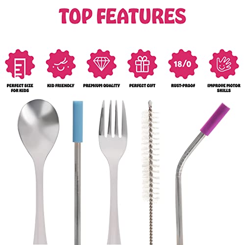 15 Pieces Toddler Kids Utensils Kids Silverware Set Stainless Steel, Safe Baby Utensils 3 Toddler Forks 3 Toddler Spoons 4 Reusable Metal Straws 4 Silicone Tips and Brush, Kid Utensils Flatware