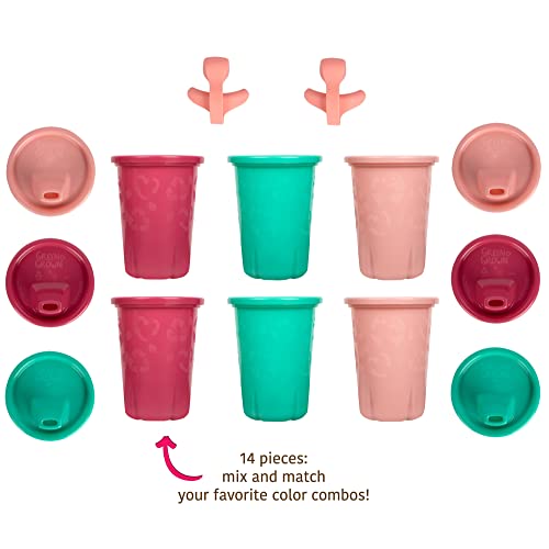 The First Years GreenGrown Reusable Spill-Proof Sippy Cups - Toddler Cups with Straws - Pink/Teal - 6 Count