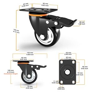 3 Inch Caster Wheels, Heavy Duty 3” Casters Set of 4 with Brake, TONSUM No Noise Polyurethane (PU) Wheels and Safety Dual Locking casters, Swivel Plate Castors (Two Hardware Kits)