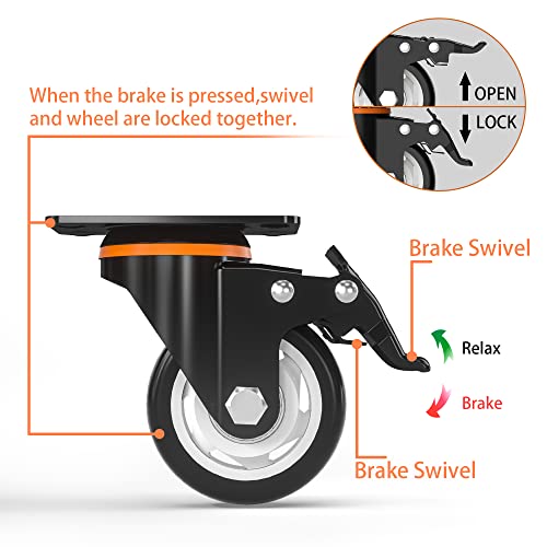 3 Inch Caster Wheels, Heavy Duty 3” Casters Set of 4 with Brake, TONSUM No Noise Polyurethane (PU) Wheels and Safety Dual Locking casters, Swivel Plate Castors (Two Hardware Kits)