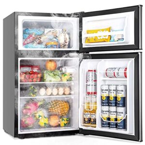 3.2 cu.ft mini refrigerator compact refrigerator mini fridge stainless steel with freezer,2 door, for dorm,garage, camper, basement or office,silver, ‎silver, ‎19.1 x 20.1 x 33.5 inches