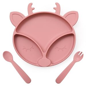 rocced [upgraded] suction plates for baby, silicone plates with suction for baby divided, baby spoon fork set for toddler baby dishes kids plates and utensils-deer pale mauve