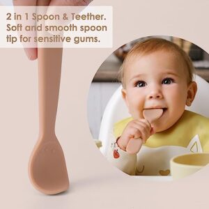 ROCCED [Upgraded] Suction Plates for Baby, Silicone Plates with Suction for Baby Divided, Baby Spoon Fork Set for Toddler Baby Dishes Kids Plates and Utensils-Deer pale mauve