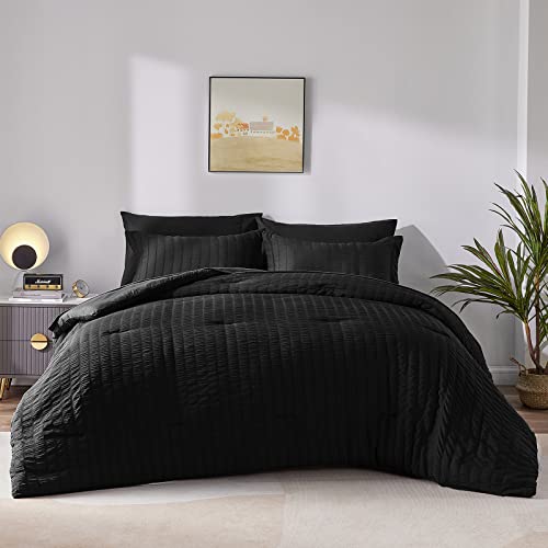 CozyLux Queen Seersucker Comforter Set with Sheets Black Bed in a Bag 7-Pieces All Season Bedding Sets with Comforter, Pillow Sham, Flat Sheet, Fitted Sheet, Pillowcase