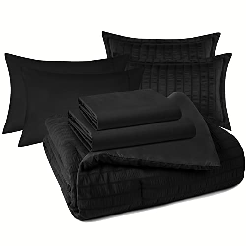 CozyLux Queen Seersucker Comforter Set with Sheets Black Bed in a Bag 7-Pieces All Season Bedding Sets with Comforter, Pillow Sham, Flat Sheet, Fitted Sheet, Pillowcase