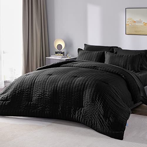 CozyLux Queen Seersucker Comforter Set with Sheets Black Bed in a Bag 7-Pieces All Season Bedding Sets with Comforter, Pillow Sham, Flat Sheet, Fitted Sheet, Pillowcase