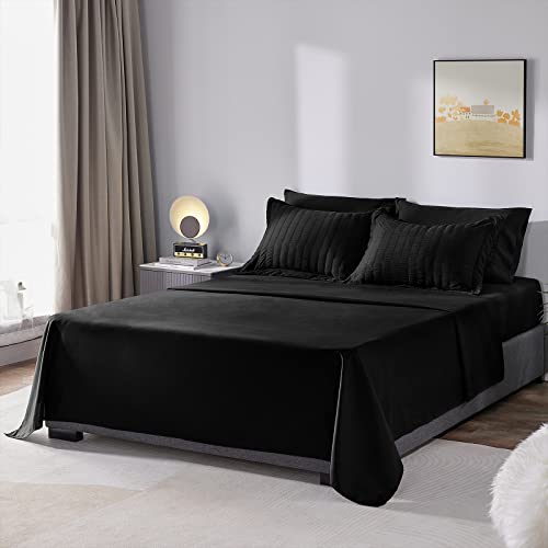 CozyLux Queen Seersucker Comforter Set with Sheets Black Bed in a Bag 7-Pieces All Season Bedding Sets with Comforter, Pillow Sham, Flat Sheet, Fitted Sheet, Pillowcase