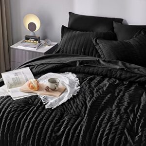 CozyLux Queen Seersucker Comforter Set with Sheets Black Bed in a Bag 7-Pieces All Season Bedding Sets with Comforter, Pillow Sham, Flat Sheet, Fitted Sheet, Pillowcase