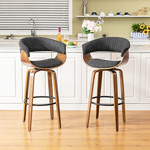 glitzhome Bar Stools Set of 2, 28’’ Swivel Barstools with Curved Back, Bar Height Stools Bar Chairs with Backrest, Footrest, Solid Bentwood Frame, Black