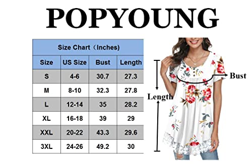 POPYOUNG Women's 2023 Spring-Summer Casual Short Sleeve Tunic Tops Ruffle Button Loose Blouse Lace Hem T-Shirts L, Floral White