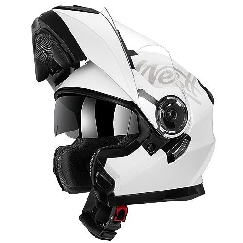 Westt Open Face Motorcycle Helmet - Helmets for Adults Motorcycle Dirtbike Motocross - ATV Helmet Dual Visor Chin Liftable DOT Approved(XL/White Torque X)