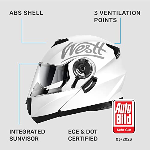 Westt Open Face Motorcycle Helmet - Helmets for Adults Motorcycle Dirtbike Motocross - ATV Helmet Dual Visor Chin Liftable DOT Approved(XL/White Torque X)