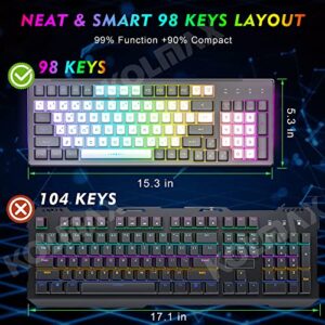 KOLMAX GK98 Wireless Gaming Keyboard,2.4G Rechargeable RGB Gaming Keyboard,RGB Backlit Ergonomic 98 Keys Mechanical Feeling Keyboard for Windows Mac PC Xbox PS4 Gamers(GreyWhite)