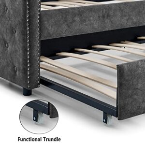 Antetek Daybed with Trundle, Fabric Upholstered Twin Size Day Bed Button-Tufted Sofa Daybed Frame w/Twin Roll-Out Trundle, No Box Spring Needed, Furniture for Bedroom, Living Room, Guest Room, Grey