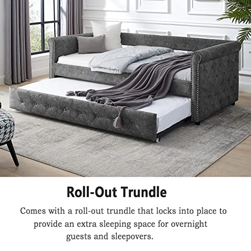 Antetek Daybed with Trundle, Fabric Upholstered Twin Size Day Bed Button-Tufted Sofa Daybed Frame w/Twin Roll-Out Trundle, No Box Spring Needed, Furniture for Bedroom, Living Room, Guest Room, Grey