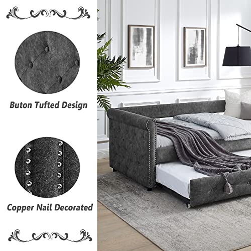 Antetek Daybed with Trundle, Fabric Upholstered Twin Size Day Bed Button-Tufted Sofa Daybed Frame w/Twin Roll-Out Trundle, No Box Spring Needed, Furniture for Bedroom, Living Room, Guest Room, Grey