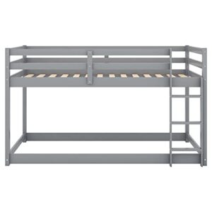 Low Bunk Beds Twin Over Twin Wood Floor Bunk Bed Frame with Slat and Ladder for Kids Boys Girls Toddlers, Gray