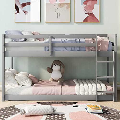 Low Bunk Beds Twin Over Twin Wood Floor Bunk Bed Frame with Slat and Ladder for Kids Boys Girls Toddlers, Gray