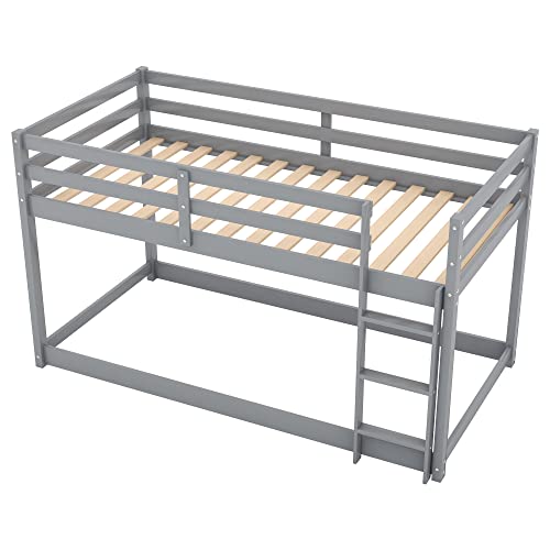 Low Bunk Beds Twin Over Twin Wood Floor Bunk Bed Frame with Slat and Ladder for Kids Boys Girls Toddlers, Gray