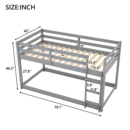 Low Bunk Beds Twin Over Twin Wood Floor Bunk Bed Frame with Slat and Ladder for Kids Boys Girls Toddlers, Gray