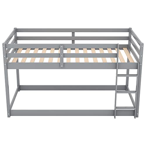 Low Bunk Beds Twin Over Twin Wood Floor Bunk Bed Frame with Slat and Ladder for Kids Boys Girls Toddlers, Gray