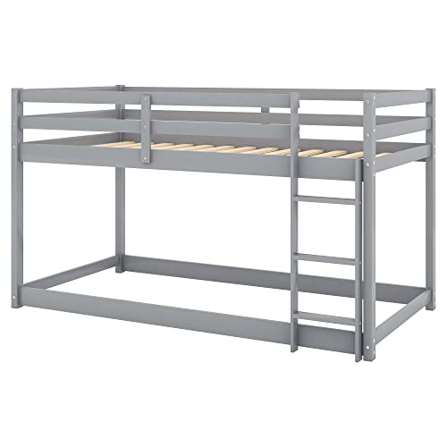 Low Bunk Beds Twin Over Twin Wood Floor Bunk Bed Frame with Slat and Ladder for Kids Boys Girls Toddlers, Gray