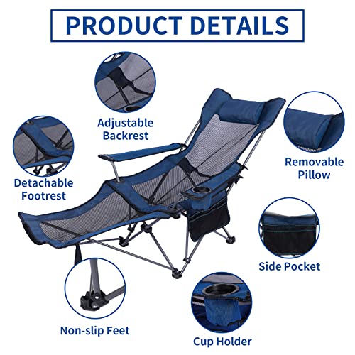 MYCOQU Camping Lounge Chair, Oversized Folding Reclining Camping Chair, Portable Recliner with Footrest, Carry Bag and Cup Holder, 320 Ibs Weight Capacity(Blue)