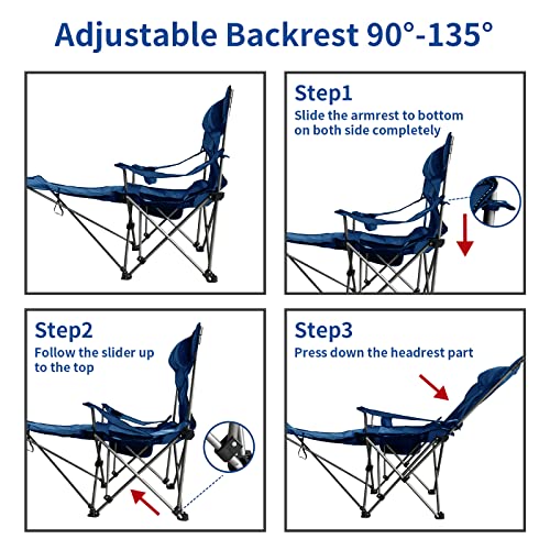 MYCOQU Camping Lounge Chair, Oversized Folding Reclining Camping Chair, Portable Recliner with Footrest, Carry Bag and Cup Holder, 320 Ibs Weight Capacity(Blue)