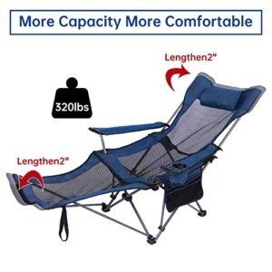 MYCOQU Camping Lounge Chair, Oversized Folding Reclining Camping Chair, Portable Recliner with Footrest, Carry Bag and Cup Holder, 320 Ibs Weight Capacity(Blue)