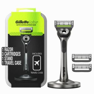 gillette labs with exfoliating bar by gillette mens razor and travel case, shaving kit for men, storage on the go, includes travel case, 1 handle, 3 razor blade refills, and premium magnetic stand